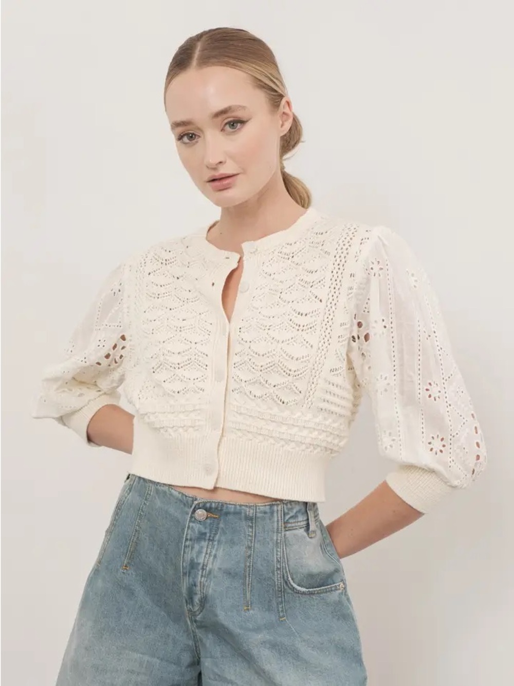Aaron & Amber Hendry Cream Pointelle Eyelet Knit Cardigan - Size Small